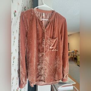 Anthropologie- Pilcro Orange Crushed Velvet Collarless Shirt
